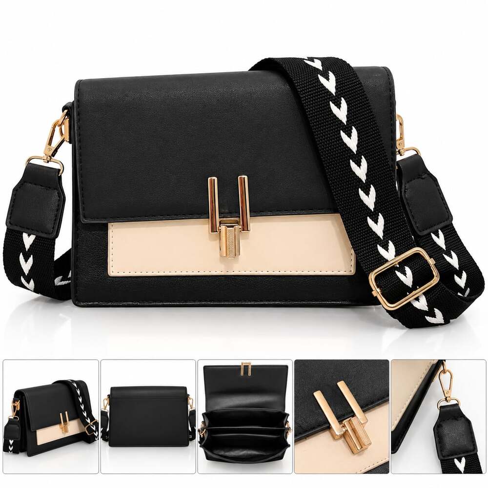 Black & Cream Crossbody Bag Gold Hardware Wide Strap